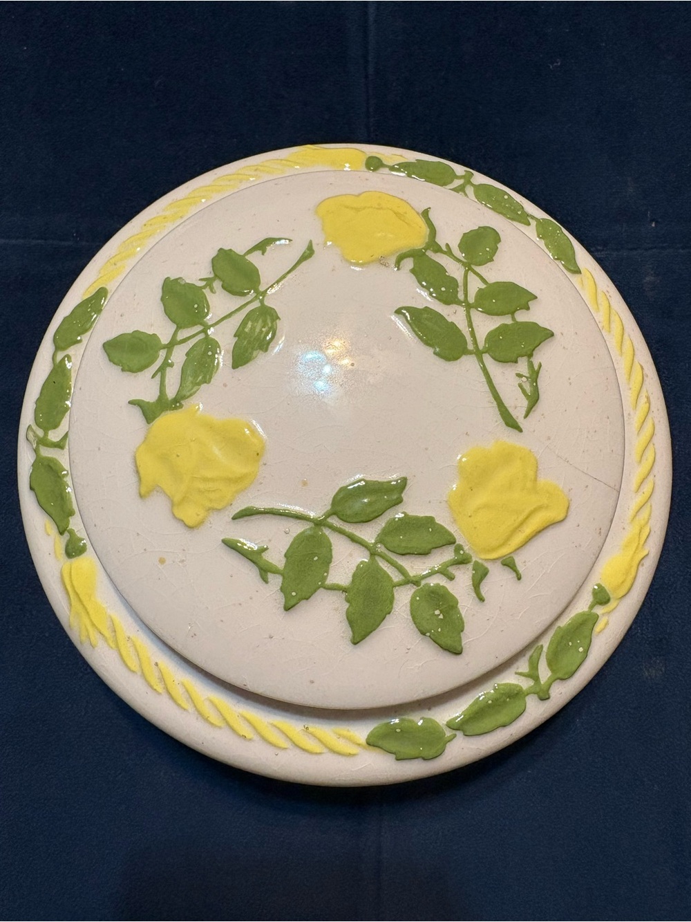 Vintage Yellow & Green Floral Handmade Ceramic Trinket Dish W Lid 6” Diameter